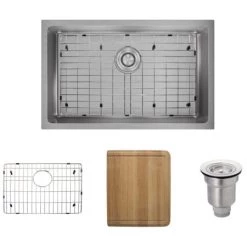 Rene 28-1/8" Undermount Single Basin Stainless Steel Kitchen Sink with Basin Rack, Basket Strainer, and Cutting Board