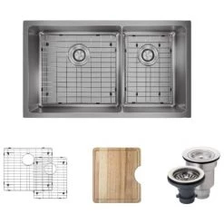Rene 31-1/8" Undermount Double Basin Stainless Steel Kitchen Sink with Basin Racks, Basket Strainers, and Cutting Board