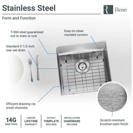 Rene 17" Undermount Single Basin Stainless Steel Kitchen Sink with Basin Rack, Basket Strainer, and Cutting Board - Image 4