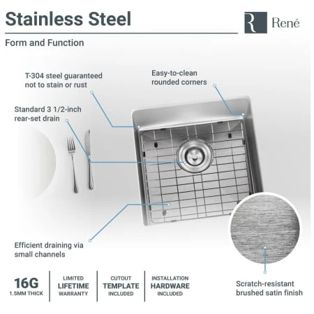 Rene 17" Undermount Single Basin Stainless Steel Kitchen Sink with Basin Rack, Basket Strainer, and Cutting Board - Image 5