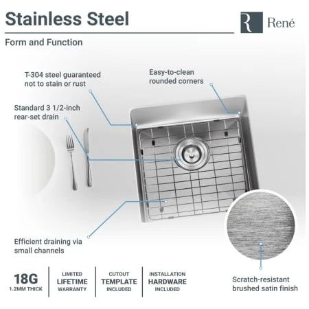 Rene 17" Undermount Single Basin Stainless Steel Kitchen Sink with Basin Rack, Basket Strainer, and Cutting Board - Image 6