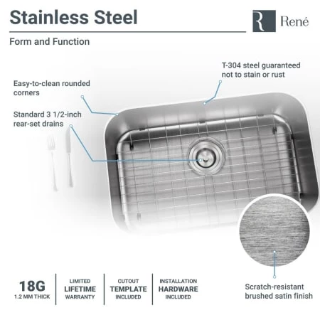 Rene 27-1/8" Undermount Single Basin Stainless Steel Kitchen Sink with Basin Rack, Basket Strainer, and Cutting Board - Image 2