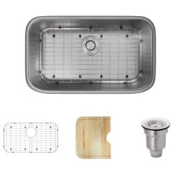Rene 30" Undermount Single Basin Stainless Steel Kitchen Sink with Basin Rack, Basket Strainer, and Cutting Board