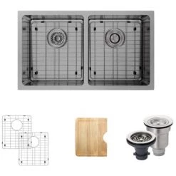 Rene 31" Undermount Double Basin Stainless Steel Kitchen Sink with Basin Rack, Basket Strainer, and Cutting Board