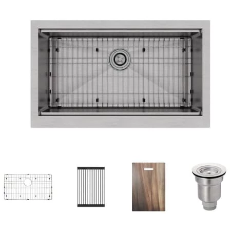 Rene 32-3/4" Farmhouse Single Basin Stainless Steel Kitchen Sink with Basin Rack, Basket Strainer, and Cutting Board