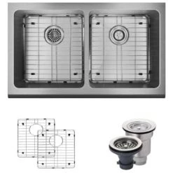 Rene 32-3/4" Farmhouse Double Basin Stainless Steel Kitchen Sink with Basin Racks and Basket Strainers