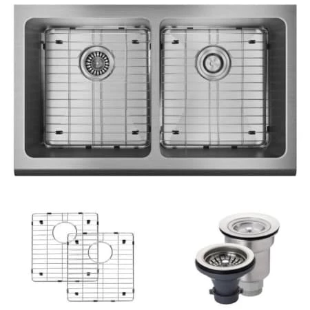 Rene 32-3/4" Farmhouse Double Basin Stainless Steel Kitchen Sink with Basin Rack and Basket Strainer