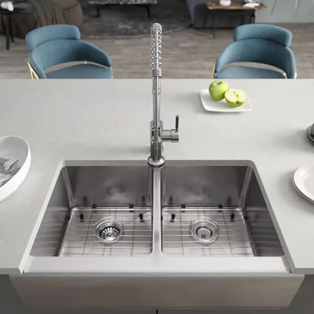 Rene 32-3/4" Farmhouse Double Basin Stainless Steel Kitchen Sink with Basin Rack and Basket Strainer - Image 2