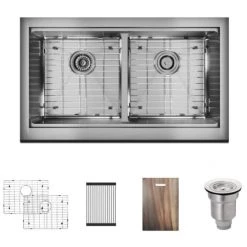 Rene 32-3/4" Farmhouse Double Basin Stainless Steel Kitchen Sink with Basin Rack, Basket Strainer, and Cutting Board