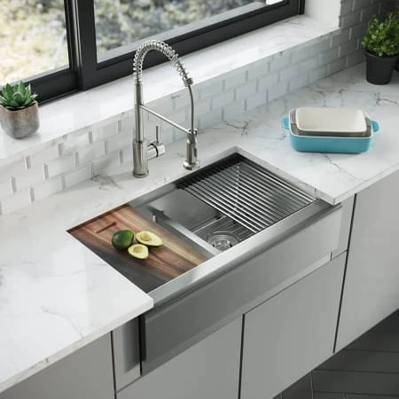 Rene 32-3/4" Farmhouse Double Basin Stainless Steel Kitchen Sink with Basin Rack, Basket Strainer, and Cutting Board - Image 2