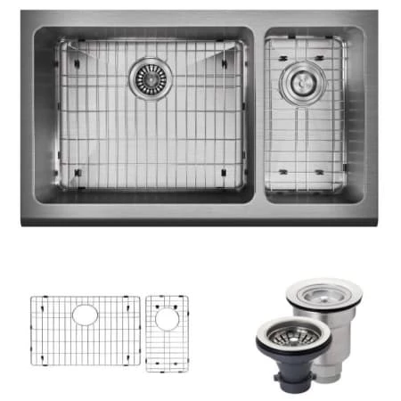 Rene 32-3/4" Farmhouse Double Basin Stainless Steel Kitchen Sink with Basin Racks and Basket Strainers