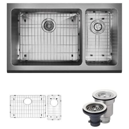 Rene 32-3/4" Farmhouse Double Basin Stainless Steel Kitchen Sink with Basin Rack and Basket Strainer