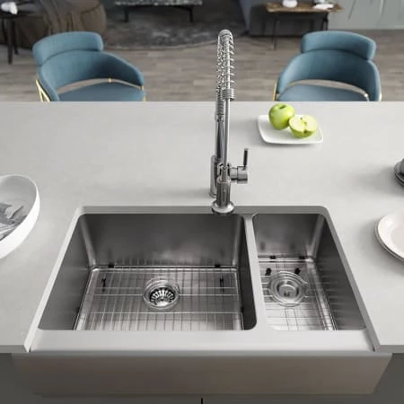 Rene 32-3/4" Farmhouse Double Basin Stainless Steel Kitchen Sink with Basin Rack and Basket Strainer - Image 2
