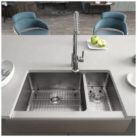 Rene 32-3/4" Farmhouse Double Basin Stainless Steel Kitchen Sink with Basin Racks and Basket Strainers - Image 2