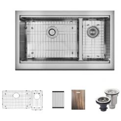 Rene 32-3/4" Farmhouse Double Basin Stainless Steel Kitchen Sink with Basin Rack, Basket Strainer, and Cutting Board