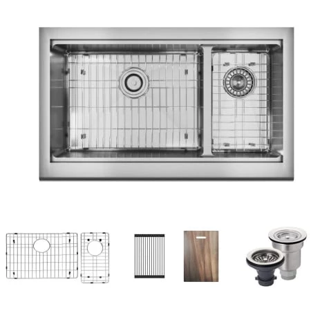 Rene 32-3/4" Farmhouse Double Basin Stainless Steel Kitchen Sink with Basin Rack, Basket Strainer, and Cutting Board
