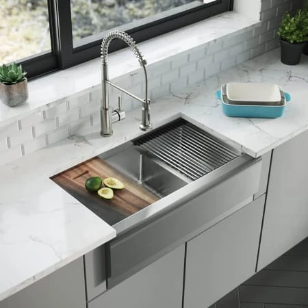 Rene 32-3/4" Farmhouse Double Basin Stainless Steel Kitchen Sink with Basin Rack, Basket Strainer, and Cutting Board - Image 2