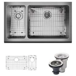 Rene 32-3/4" Farmhouse Double Basin Stainless Steel Kitchen Sink with Basin Rack and Basket Strainer