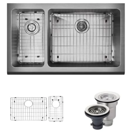 Rene 32-3/4" Farmhouse Double Basin Stainless Steel Kitchen Sink with Basin Rack and Basket Strainer