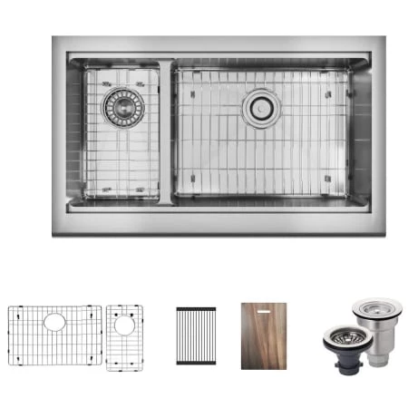 Rene 32-3/4" Farmhouse Double Basin Stainless Steel Kitchen Sink with Basin Rack, Basket Strainer, and Cutting Board