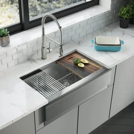 Rene 32-3/4" Farmhouse Double Basin Stainless Steel Kitchen Sink with Basin Rack, Basket Strainer, and Cutting Board - Image 2