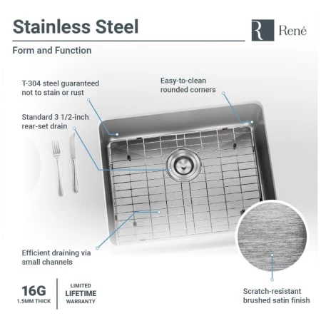 Rene 23-3/4" Farmhouse Single Basin Stainless Steel Kitchen Sink with Basin Rack and Basket Strainer - Image 5