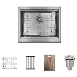 Rene 23-5/8" Farmhouse Single Basin Stainless Steel Kitchen Sink with Basin Rack, Basket Strainer, and Cutting Board