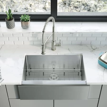 Rene 29-7/8" Farmhouse Single Basin Stainless Steel Kitchen Sink with Basin Rack and Basket Strainer - Image 2