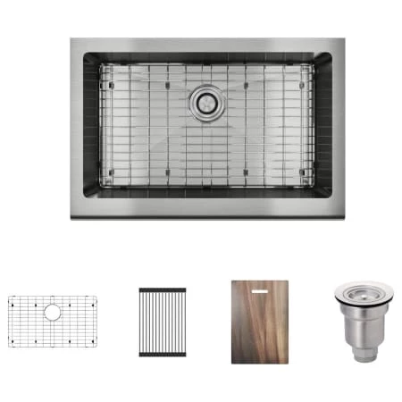 Rene 29-7/8" Farmhouse Single Basin Stainless Steel Kitchen Sink with Basin Rack, Basket Strainer, and Cutting Board