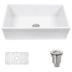 Rene 33" Farmhouse Single Basin Fireclay Kitchen Sink with Basin Rack and Basket Strainer
