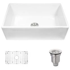 Rene 29-7/8" Farmhouse Single Basin Fireclay Kitchen Sink with Basin Rack and Basket Strainer