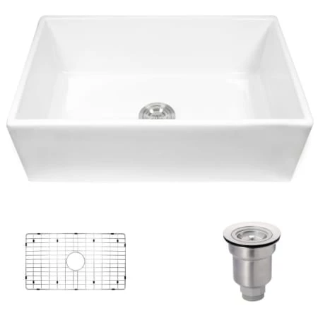 Rene 29-7/8" Farmhouse Single Basin Fireclay Kitchen Sink with Basin Rack and Basket Strainer