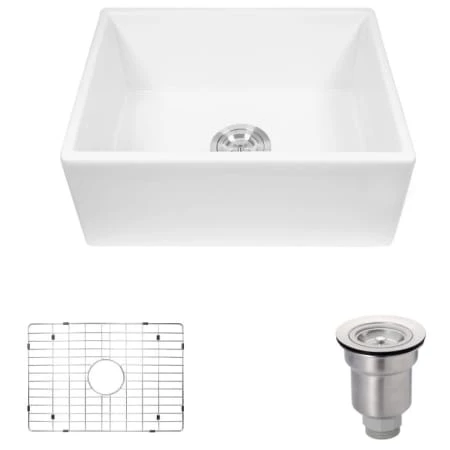Rene 23-7/8" Farmhouse Single Basin Fireclay Kitchen Sink with Basin Rack and Basket Strainer
