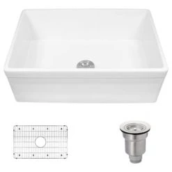 Rene 29-7/8" Farmhouse Single Basin Fireclay Kitchen Sink with Basin Rack and Basket Strainer