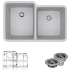 Rene 32-1/2" Undermount Double Basin Granite Composite Kitchen Sink with Basin Racks and Basket Strainers