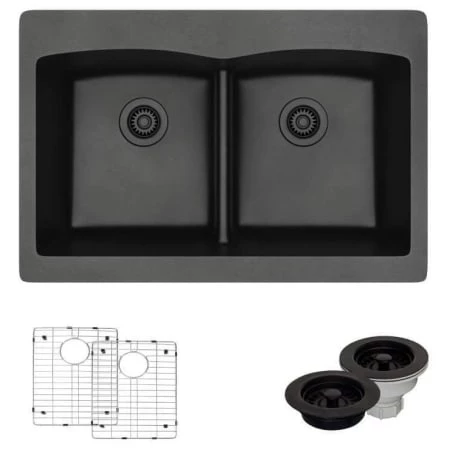 Rene 33" Drop In Double Basin Granite Composite Kitchen Sink with Basin Racks and Basket Strainers