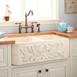 Signature Hardware Ivy 36" Double Basin Polished Marble Farmhouse Sink