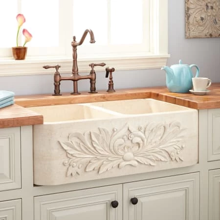 Signature Hardware Ivy 36" Double Basin Polished Marble Farmhouse Sink