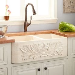 Signature Hardware Ivy 36" 60/40 Offset Double Basin Polished Marble Farmhouse Sink