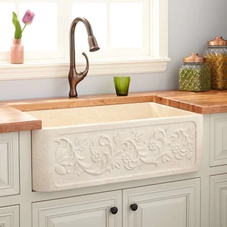 Signature Hardware Vine Design 30" Single Basin Polished Marble Farmhouse Sink