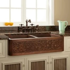 Signature Hardware 35-3/4" Vine Design Farmhouse Double Basin Copper Kitchen Sink