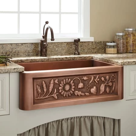 Signature Hardware Floral Design 30" Single Basin Copper Farmhouse Sink