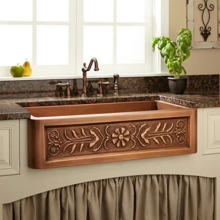 Signature Hardware Flower Motif 33" Single Basin Copper Farmhouse Sink