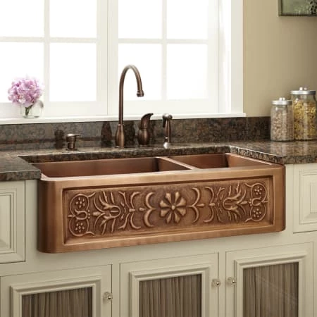 Signature Hardware Flower Motif 33" 60/40 Offset Double Basin Copper Farmhouse Sink with Small Bowl Right