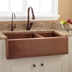 Signature Hardware Tegan 36" 70/30 Offset Double Basin Copper Farmhouse Sink with Small Bowl Right