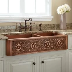 Signature Hardware Sunflower 42" 60/40 Offset Double Basin Copper Farmhouse Sink