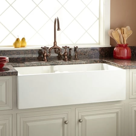 Signature Hardware Risinger 36" 60/40 Offset Bowl Fireclay Farmhouse Sink with Smooth Apron