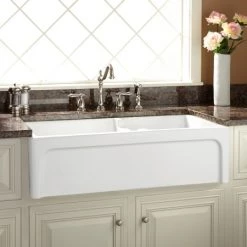 Signature Hardware Risinger 36" 60/40 Offset Bowl Fireclay Farmhouse Sink with Casement Apron
