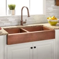 Signature Hardware Raina 33" 60/40 Double Basin Copper Retrofit Farmhouse Sink