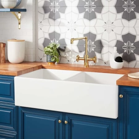 Signature Hardware Torun 36" Farmhouse 50/50 Double Basin Fireclay Kitchen Sink